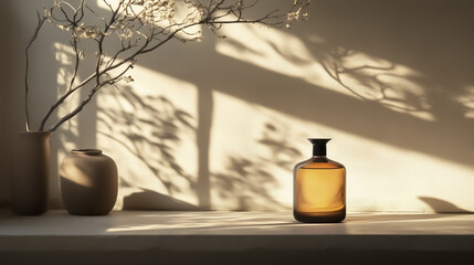 warm, tranquil scene with brown glass bottle and vases on sunlit shelf, casting soft shadows from delicate branches. minimalist composition evokes sense of calm and simplicity