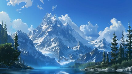 Fototapeta premium A serene mountain landscape with snow-capped peaks and a bright blue sky