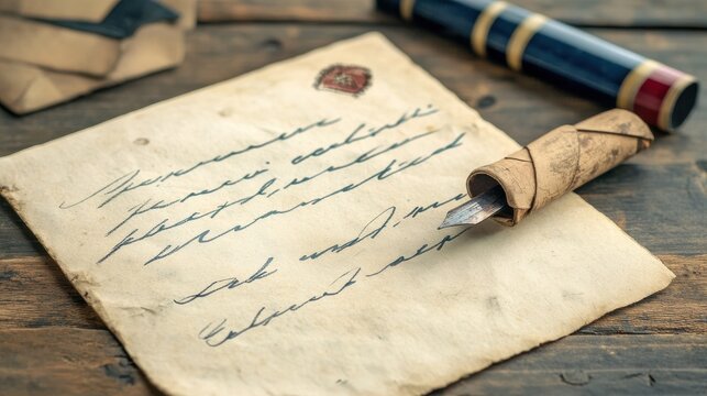 A close-up shot of a handwritten letter with faded ink on old, yellowed paper. illustration