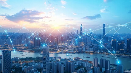 Modern cityscape depicted with connected lines representing digital networks