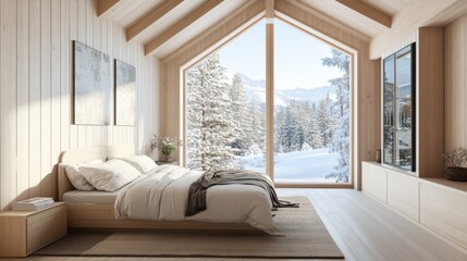 Cozy Cabin Retreat: A beautifully designed bedroom in a wooden cabin. Featuring a grand window overlooking a serene winter landscape, it evokes warmth and tranquility