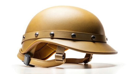 Fototapeta premium Tan Military Helmet, Isolated, Combat Gear, Army Head Protection, Military Equipment, Headgear, Protective Helmet, Army Helmet, Combat Helmet, Military Headwear