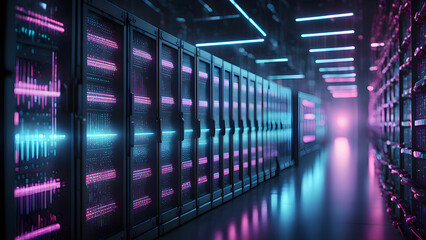 Fototapeta premium Abstract image a futuristic data center server room neon pink blue lights.