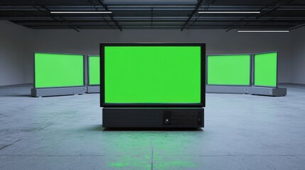 Fototapeta premium artistic 3d rendered composition stack old classic television with green screen monitors random positions in empty room dynamic composition cinematic lighting video element chroma key video element