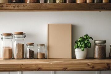 Kitchen Shelf: A cozy kitchen shelf showcases a collection of spices and a cookbook, enhanced by a potted herb plant, ready for culinary adventures