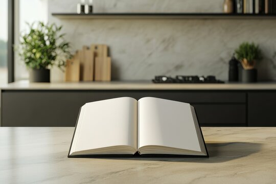 Culinary Inspiration: An open cookbook on a kitchen counter, ready to unveil delicious recipes in a modern kitchen.