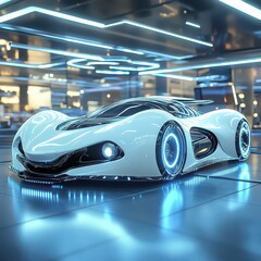 Fototapeta premium Sleek Futuristic Car with Neon Lighting in Modern Interior Showroom