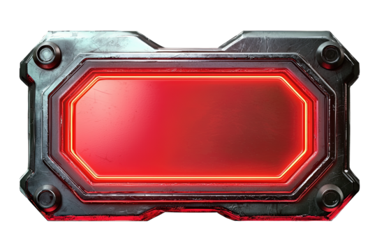 Futuristic 3D Illumination: Glowing Red Metal Interface Panel with LED Display and Neon Effects, PNG, Button, Transparent Image