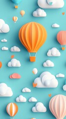 Floating cartoon air balloon pattern with dreamy pastel colors, tiny clouds, and a modern minimal design