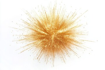 A burst of golden glitter radiating outwards on a clean white background creating a star shape