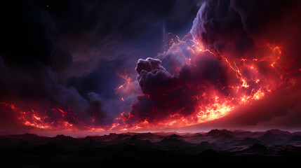 Dark sky with a striking red and orange cloud creating a dramatic and mysterious atmosphere that evokes cosmic wonder.