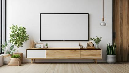 White screen TV mounted on wall in room. Mockup for design