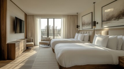 Fototapeta premium Serene Hotel Room: A bright and airy hotel room exudes a sense of calm and sophistication, with two inviting beds bathed in sunlight, minimalist decor, and scenic views