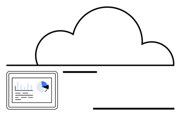 Large cloud shape and a tablet with graphs and charts suggesting data storage, analytics. Ideal for technology, cloud computing, data analysis, business, innovation, networking, digital solutions