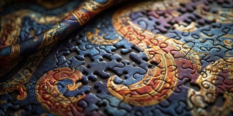 Jigsaw puzzle showing intricate medieval style patterns being assembled