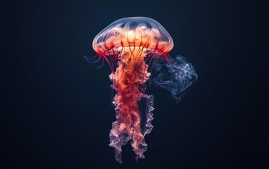 Red and Orange Pixel Art Jellyfish on Dark Blue Background