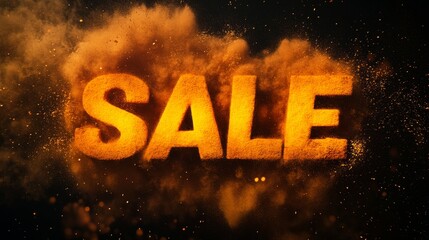 Explosive sale typography with orange dust on dark background, marketing concept
