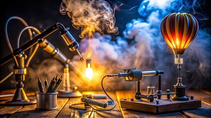 Night Photography: Illuminated Soldering Station with Hot Air Gun and Iron