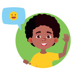 A black boy greets and waves his hand. The boy is inscribed in a circle and welcomes
