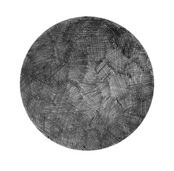 Circle filled with stroke texture. Pen drawing. Thin strokes in different directions, intersecting. Different shades of gray and black colors. Gradient. Isolated on white background.