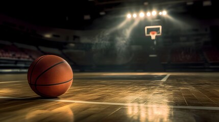 Basketball resting at the free-throw line under a spotlight