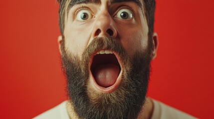 Close up shot of emotive shocked bearded young male opens mouth widely, stare at camera, points upwards aside at blank space, says: Wow, it`s something unbelievable! People and emotions concept
