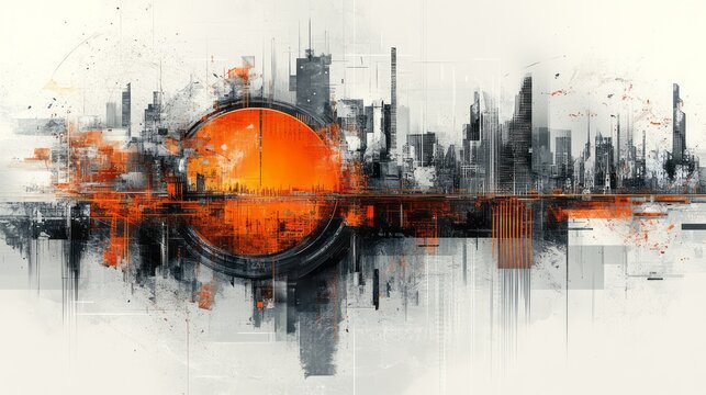 Abstract cityscape with orange sun and geometric elements