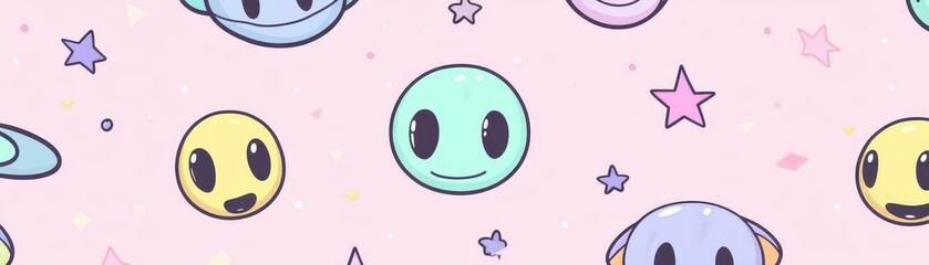 Minimal kawaiistyle cartoon alien pattern with cute round features, soft pastel neon colors, and a seamless touch