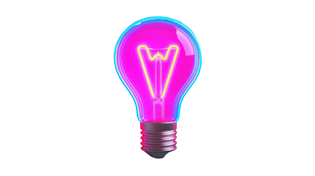 Pink and blue lightbulb shining with transparent background, representing ideas and innovation