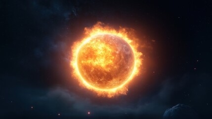 Fototapeta premium Bright sun radiating fiery light in a dark cosmic setting, showcasing a beautiful celestial phenomenon.