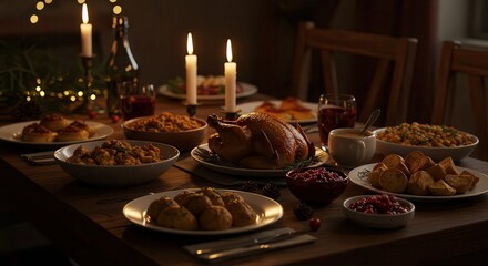 Naklejka premium Festive Dinner Table Featuring Roast Turkey and Traditional Holiday Dishes