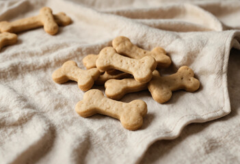 Bone-shaped dog treats on a soft, blanket, creating a warm and inviting atmosphere. Ideal for pampering beloved pets at home
