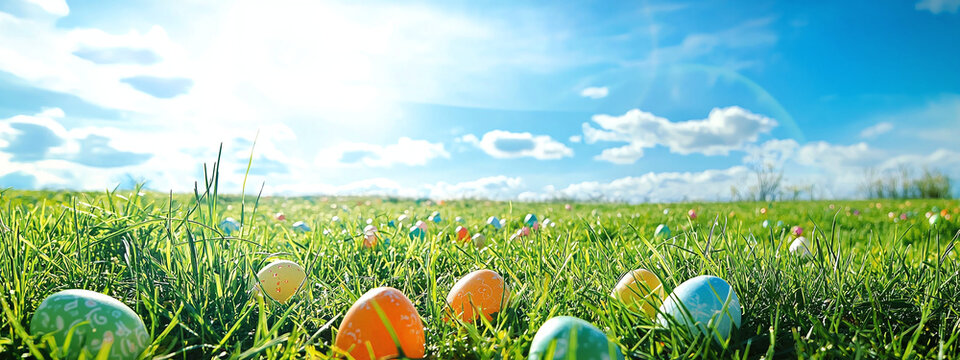 An endless green lawn is decorated with bright Easter eggs, and above it stretches an endless blue sky full of freshness and freedom