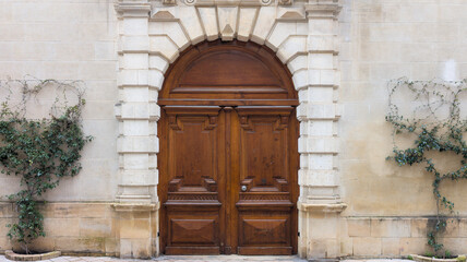 French classical door wooden traditional european entrance to a private house in haussmann style...