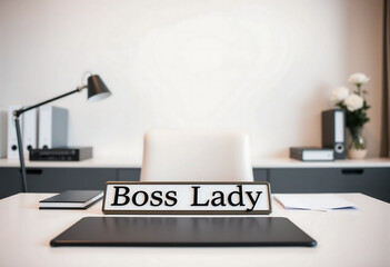 Fototapeta premium Boss Lady desk sign, symbolizing empowerment and leadership in modern office.