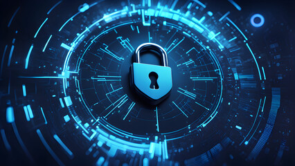 A 3D rendering a blue padlock an abstract digital background representing cybersecurity data protection.