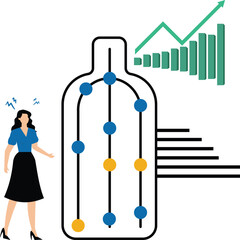 Bottleneck analysis concept, businesswoman looking for system least capacity