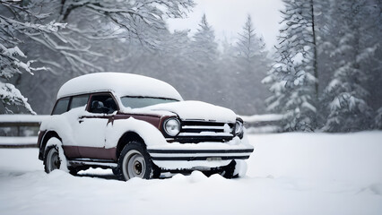 Classic car covered in snow during a blizzard in a forest