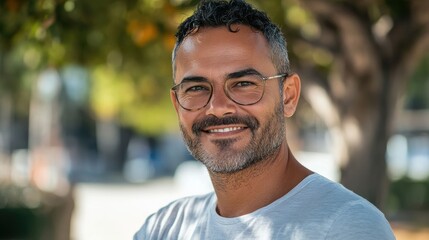 Fototapeta premium Handsome mid adult man smiling and looking at camera. Portrait of happy young casual man. Close up portrait of hispanic guy standing outdoor.