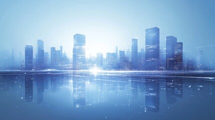 Fototapeta premium Digital city skyline reflects into a futuristic abstract body of water