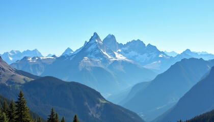 Majestic mountain peaks rise above lush green valleys under clear blue sky. stunning landscape showcases nature beauty and tranquility