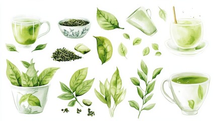 Watercolor Matcha Green tea elements leaves objects isolated on clear png background, various Japan matcha leaf plant, morning drinks, delicious beverages clipart set, with Generative Ai.