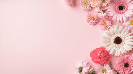 Fototapeta premium Pink background with pink flowers in the corner and empty space for text. Floral background for beauty advertising template.