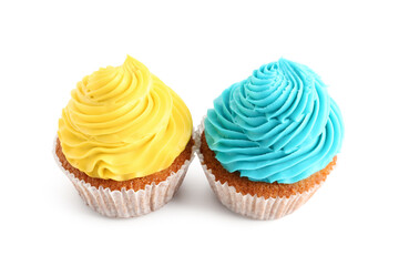 Tasty colorful cupcakes on white background