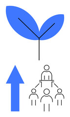 Blue leaf symbolizing growth, upward arrow for progress, and a hierarchical team framework represent leadership, teamwork, sustainability, success, goals, empowerment and strategy. Flat simple