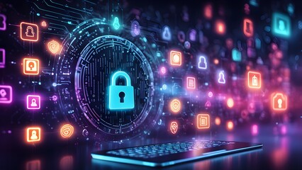 Obraz premium Abstract digital illustration depicting a glowing blue padlock icon hovering above a laptop keyboard, surrounded various neon security symbols representing data protection online privacy.