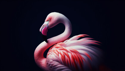Naklejka premium Beautiful flamingo close-up on a black background.