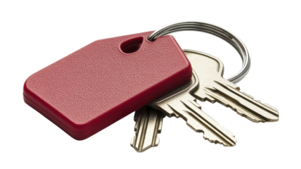 Unique red keychain holding two silver keys resting on a plain white surface