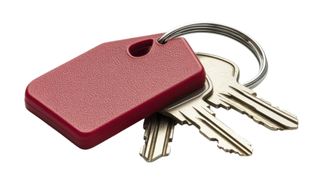 Unique red keychain holding two silver keys resting on a plain white surface