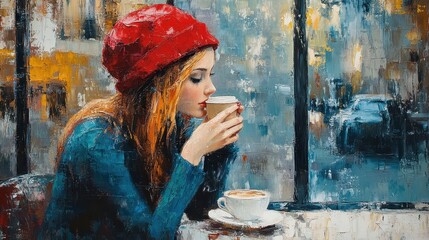 Fototapeta premium Young caucasian female enjoying coffee indoors with artistic background